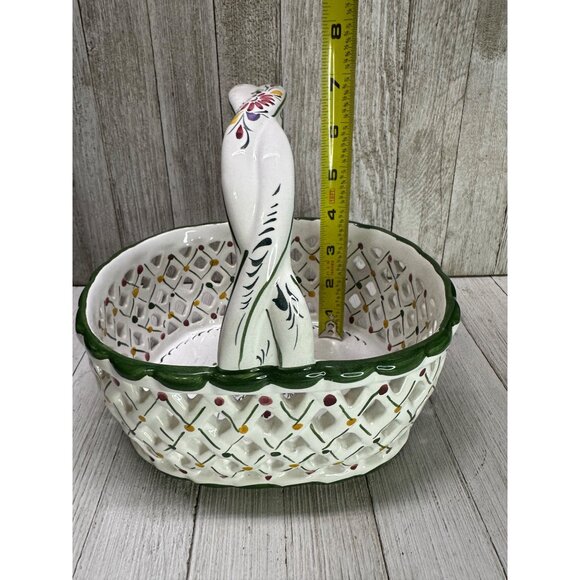 Vtg Holu Painted Lattice Basket Oval Ceramic with Braid Handle Portugal 7" Tall - Picture 10 of 10